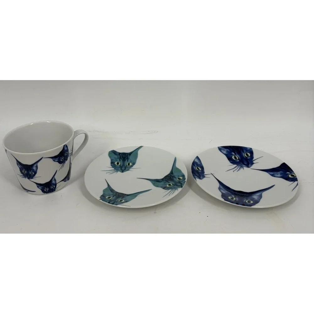 IKEA Katie Eary Designer Blue Cat Faces Breakfast Tea Cup & Saucer Mug 2016